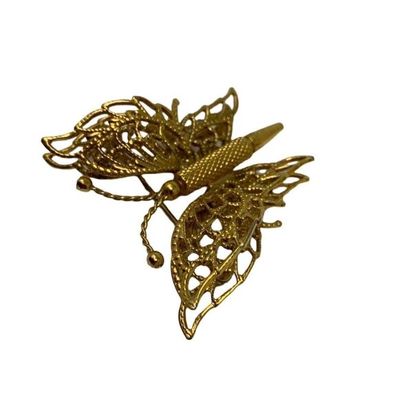 Vintage MONET Butterfly Brooch Gold Tone Double Wings Filigree Pin GrannyCore - Picture 7 of 10
